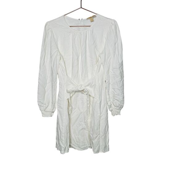 MICHAEL KORS White Long Sleeve Crewneck Linen Tie Front Mini Dress Size Medium - Picture 4 of 11